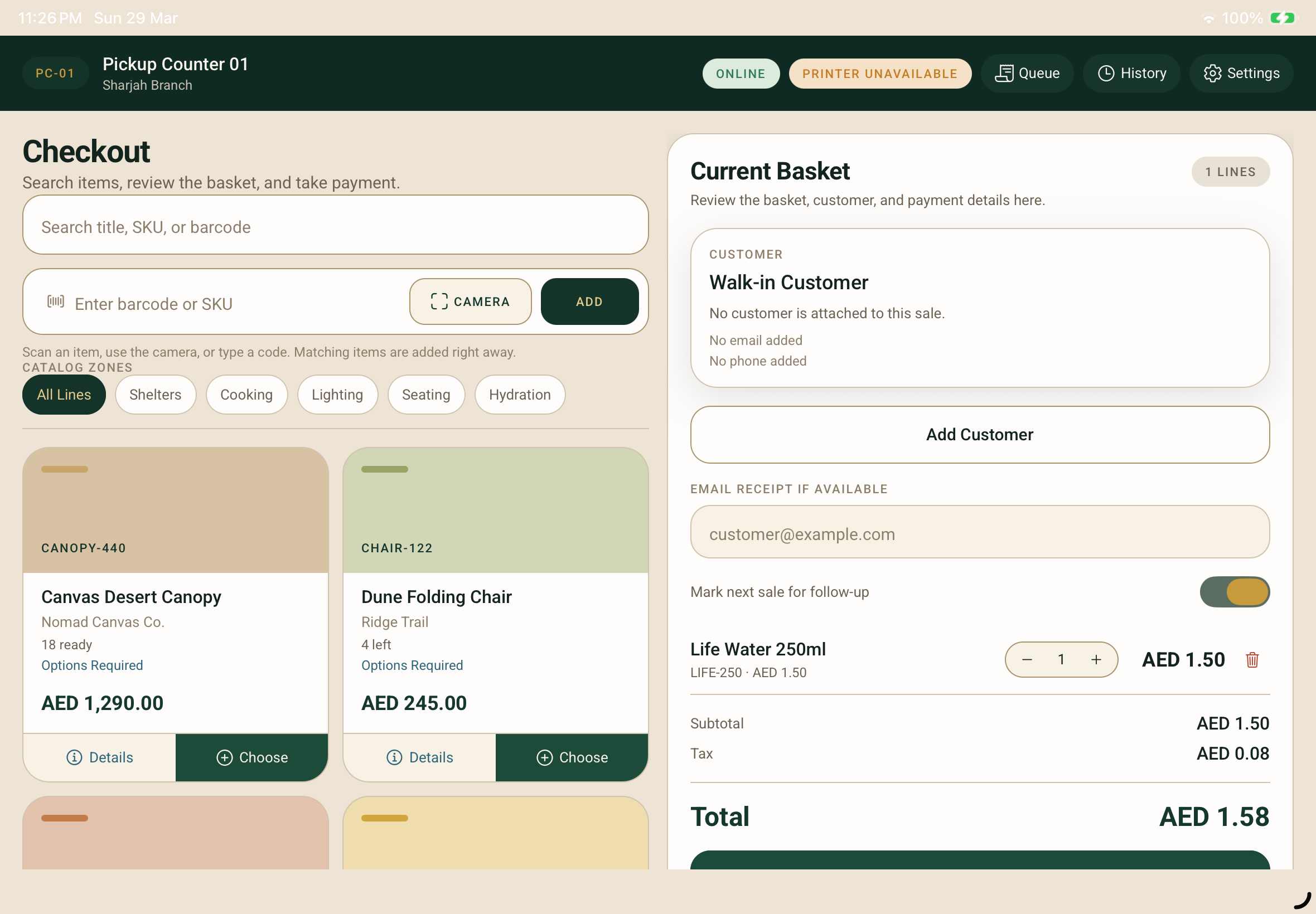 Cartaro POS checkout basket screen