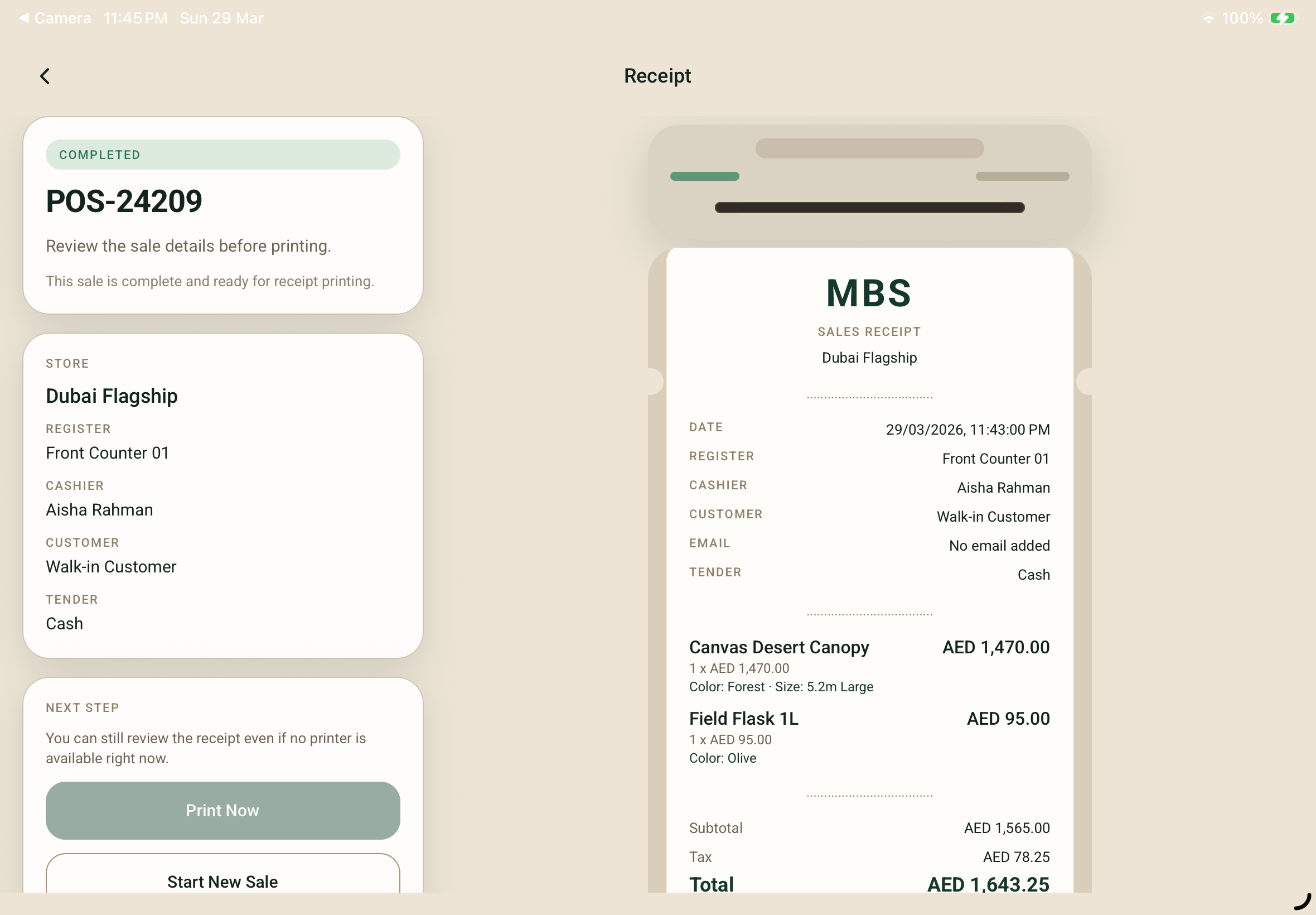 Cartaro POS receipt preview screen