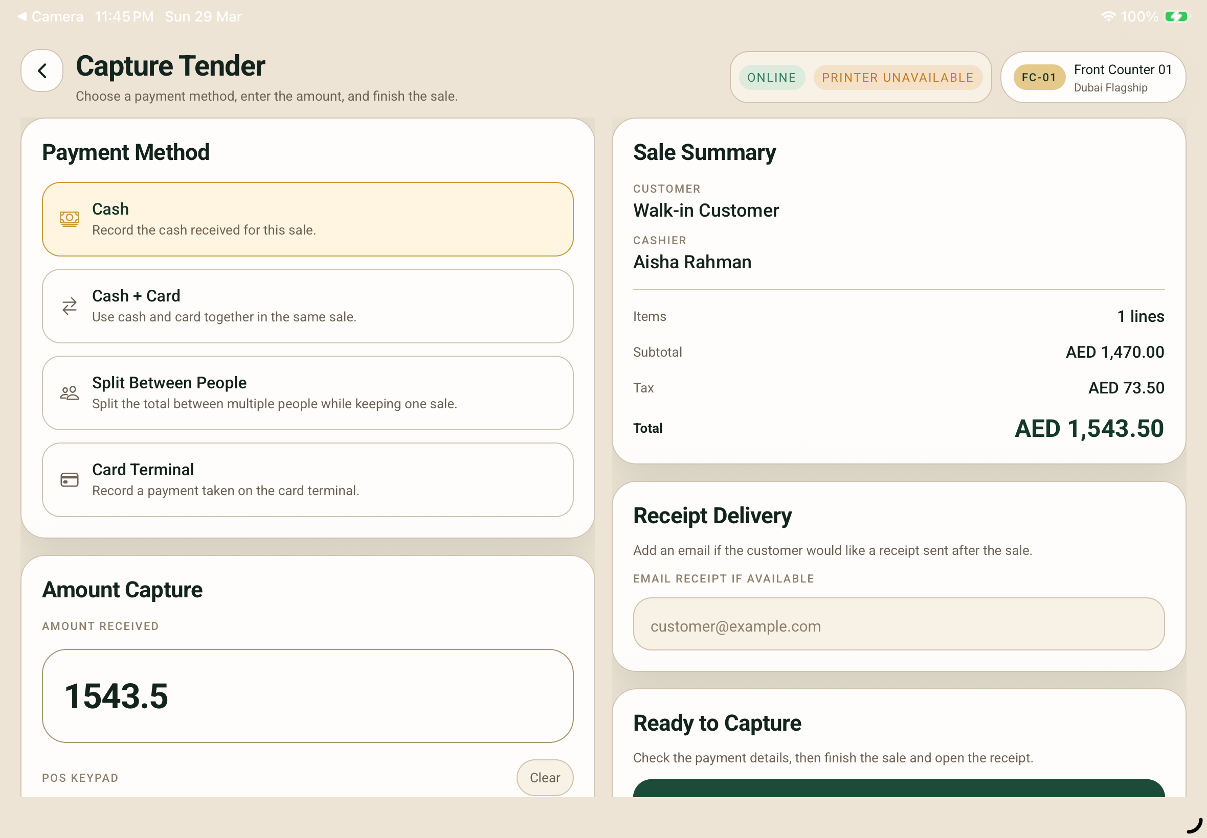 Tender capture screen in the Cartaro POS extension